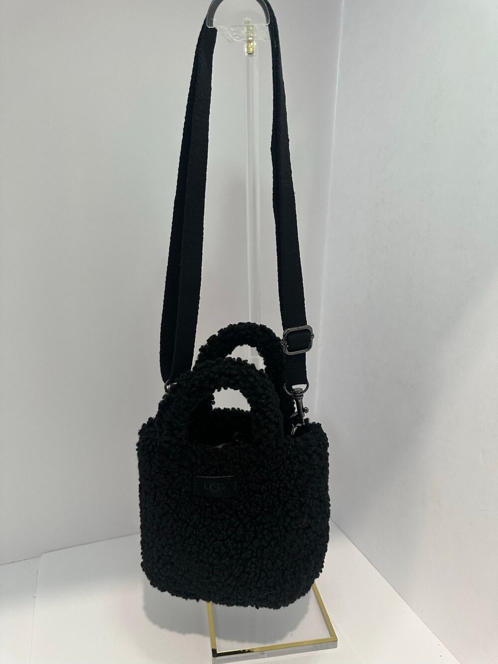 UGG Black Sherpa Mini Tote Crossbody Bag Fuzzy Teddy Top Handle Adjustable Strap